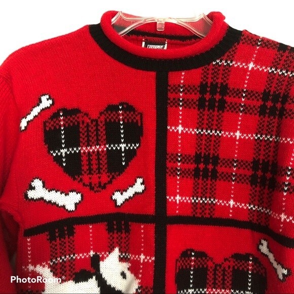 Vintage Sweater Womens Medium Red Black White Scottie Dog Patchwork Holiday - Picture 2 of 9